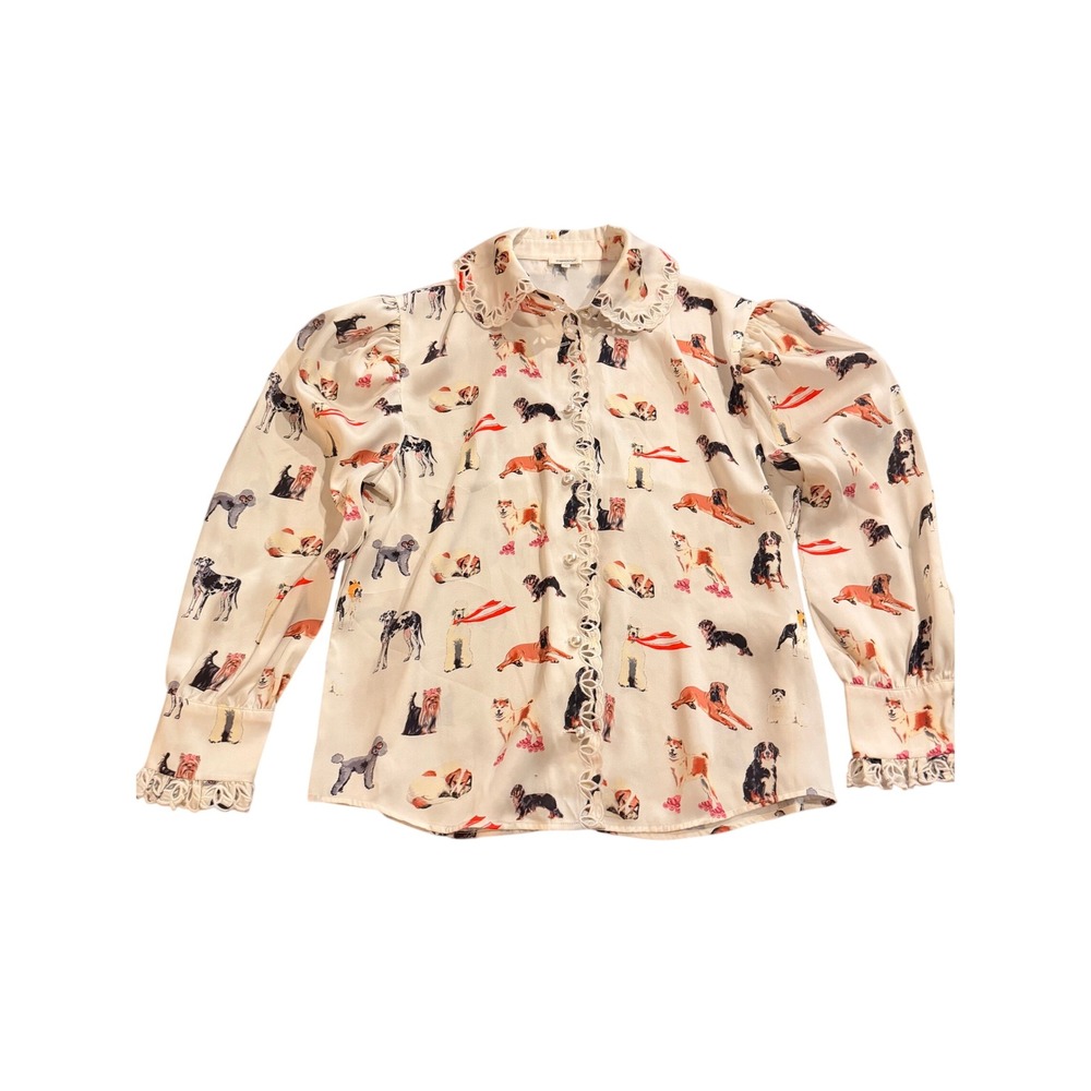 Manoush Dog Print Button Down Blouse Eyelet Lace Trim Puff Sleeve Cream Size 8